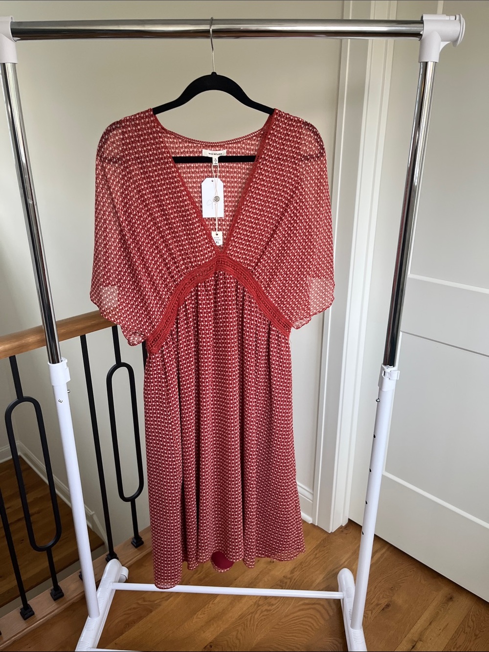 Max Studio Rust-Red Printed V-Neck Midi Dress